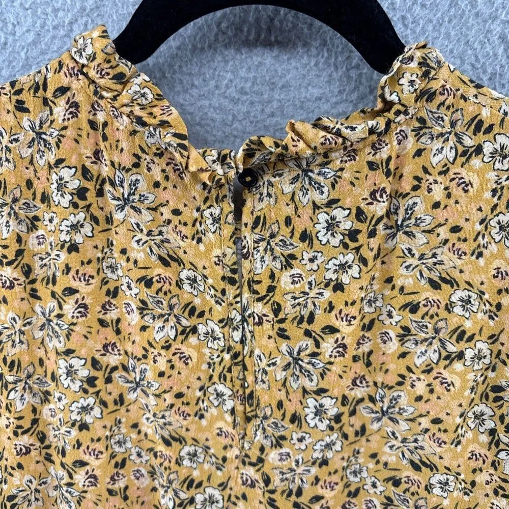Nobody’s Child Mustard Floral Ruffle Mock Neck Peplum Blouse Long Sleeve Size 10